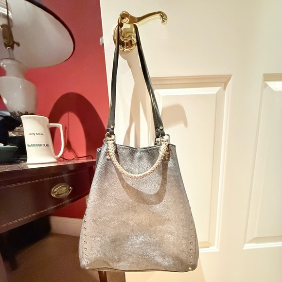 Rafe Silver/Black Metallic Leather Large Tote Bag w/ Snakeskin & Studs $498 - Picture 15 of 15